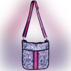Simply Southern large neoprene crossbody bag with a blue and pink leaf print